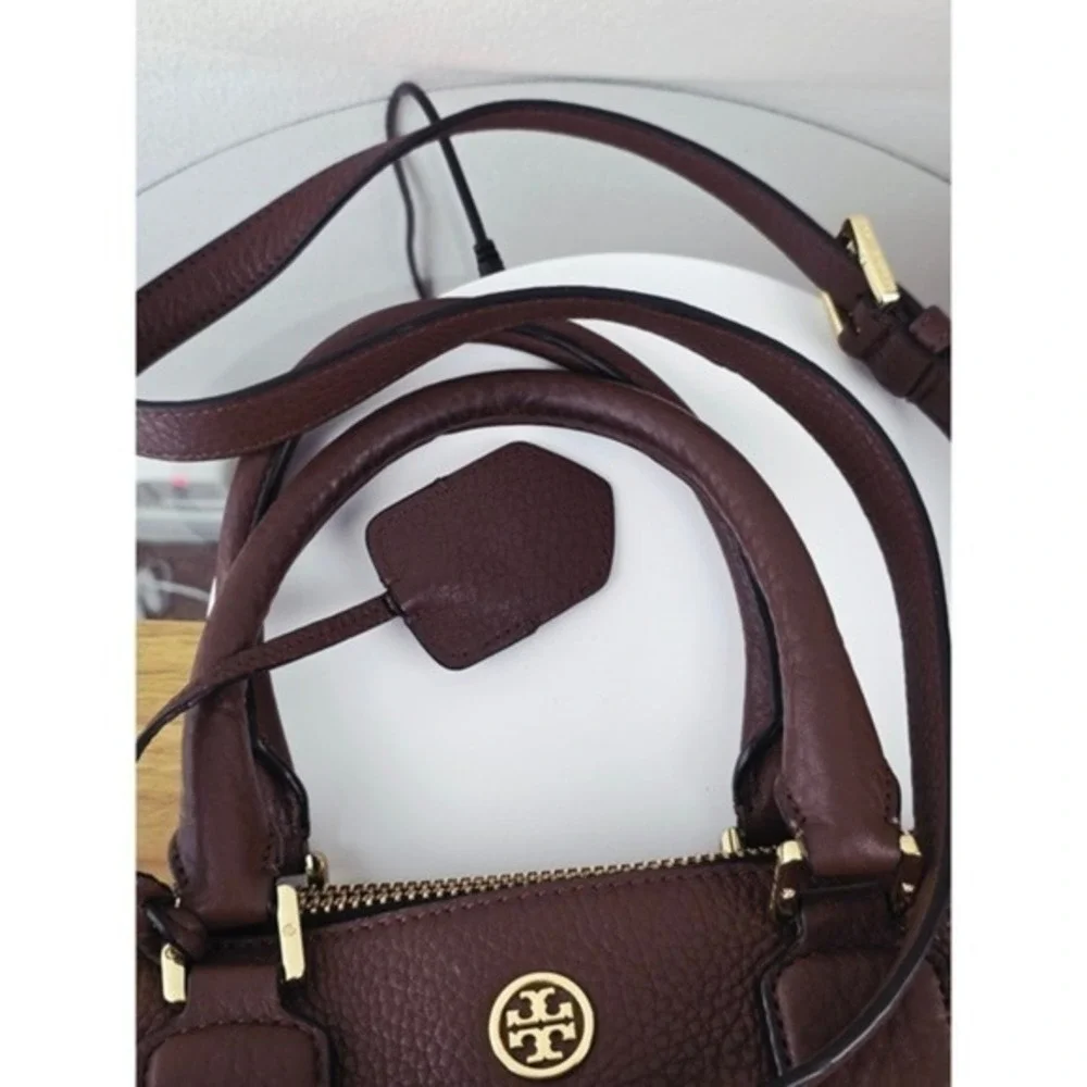 Tory Burch‎ Robinson Pebbled Leather Triple Zip Compartment Satchel Brown Gold